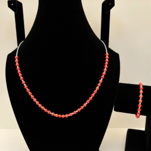 Coral Beaded Necklace with Silver Chain & Charm