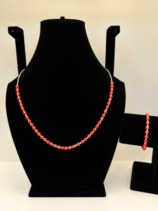 Coral Beaded Necklace with Silver Chain & Charm