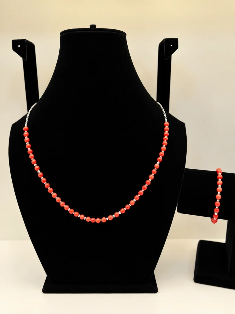 Coral Beaded Necklace with Silver Chain & Charm