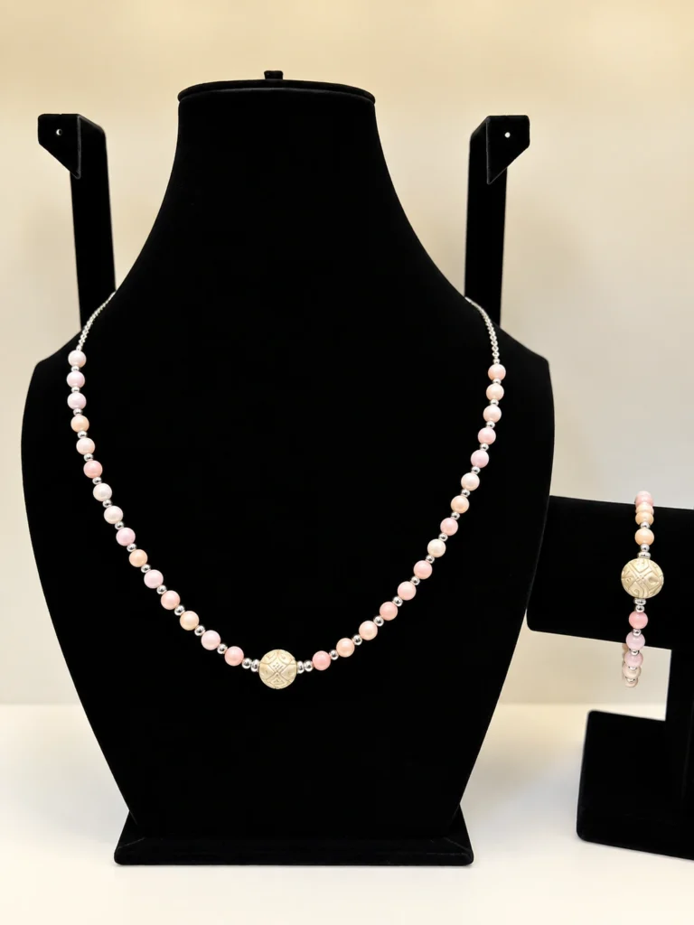 Peach Coral Necklace with Carved Rose Accents