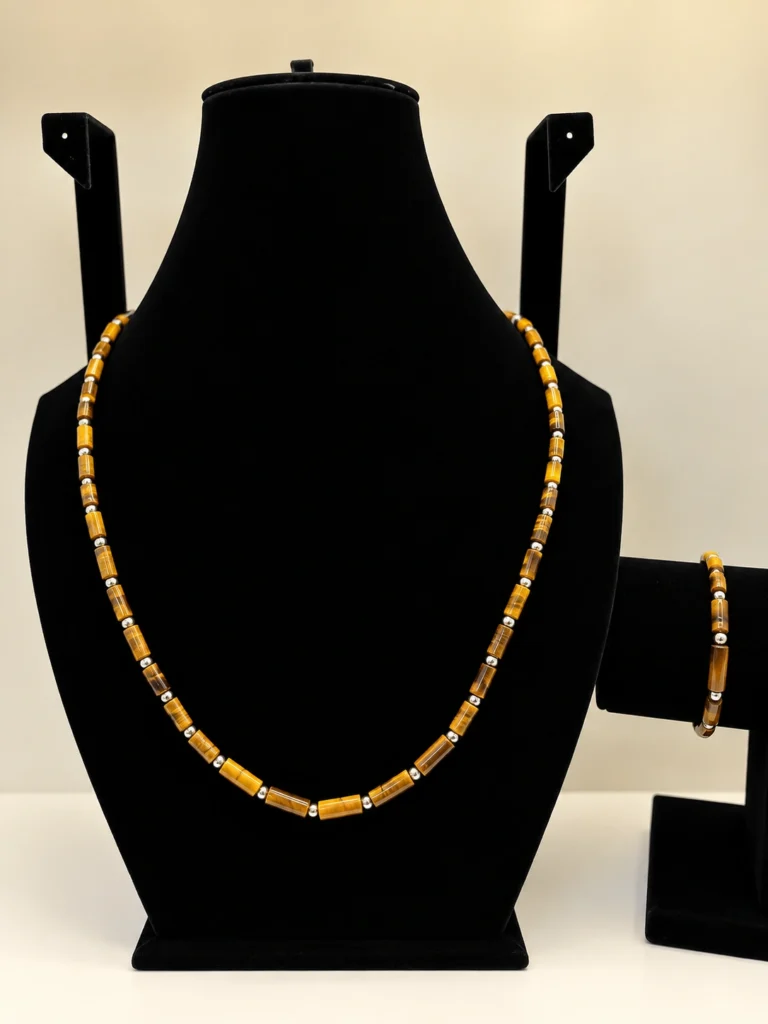 Tiger's Eye Cylinder Necklace with Silver Chain Accent