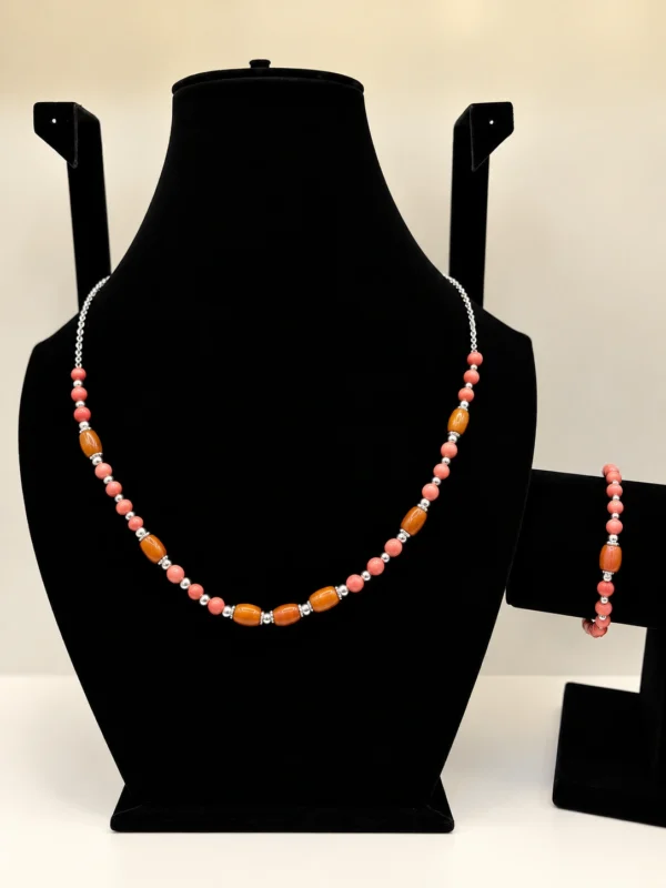 Carnelian & Peach Coral Necklace with Silver Chain