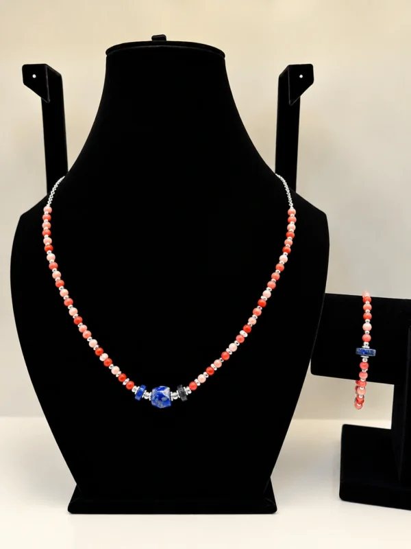 Coral, Peach Coral & Lapis Necklace with Silver Charm