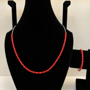 Coral Beaded Necklace with Silver Chain & Charm Detail