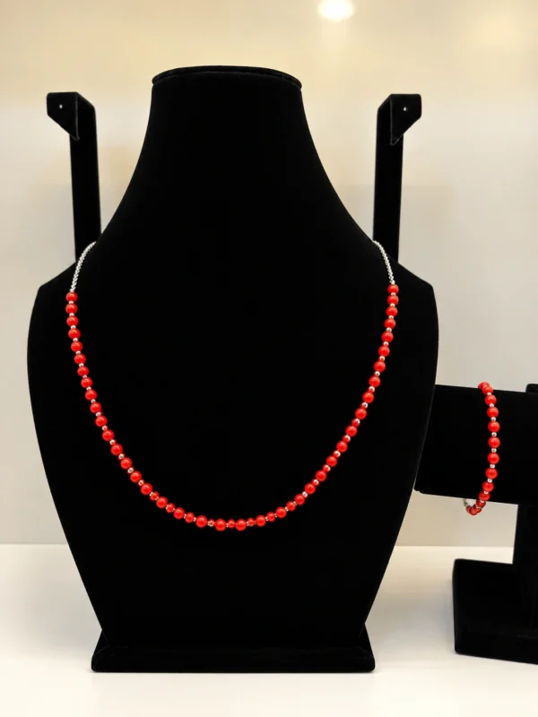 Coral Beaded Necklace with Silver Chain & Charm Detail