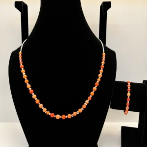 Coral Beaded Necklace with Ornate Silver Spacers & Chain