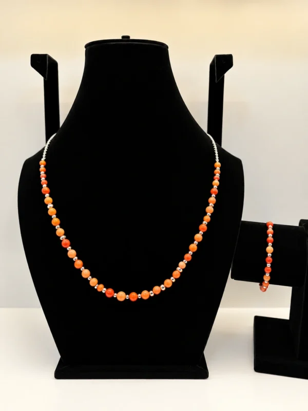 Coral Beaded Necklace with Ornate Silver Spacers & Chain