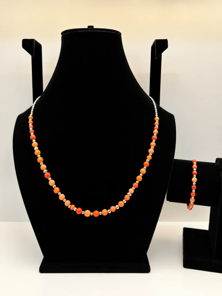 Coral Beaded Necklace with Ornate Silver Spacers & Chain
