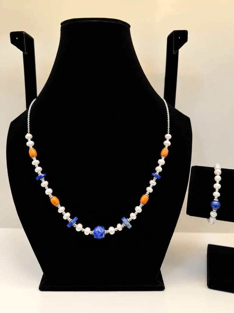 Pearl, Carnelian & Lapis Necklace with Silver Charm