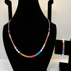 Multicolor Beaded Necklace with Pearl & Silver Chain Accents