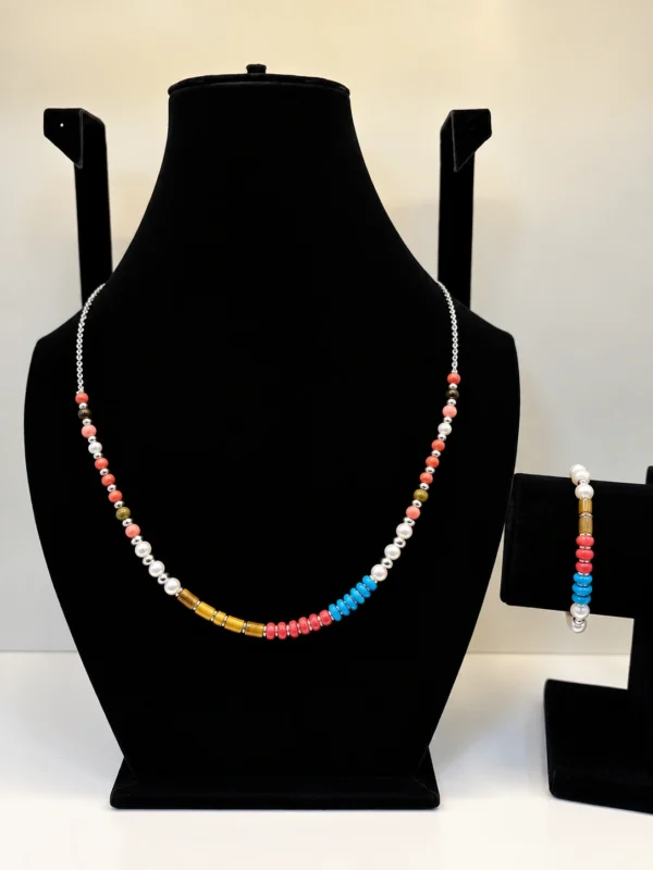 Multicolor Beaded Necklace with Pearl & Silver Chain Accents