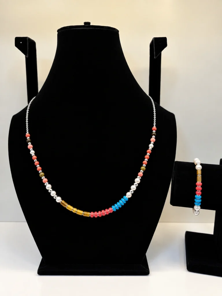 Multicolor Beaded Necklace with Pearl & Silver Chain Accents