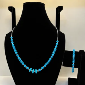 Turquoise Beaded Necklace with Disc Accents & Silver Chain