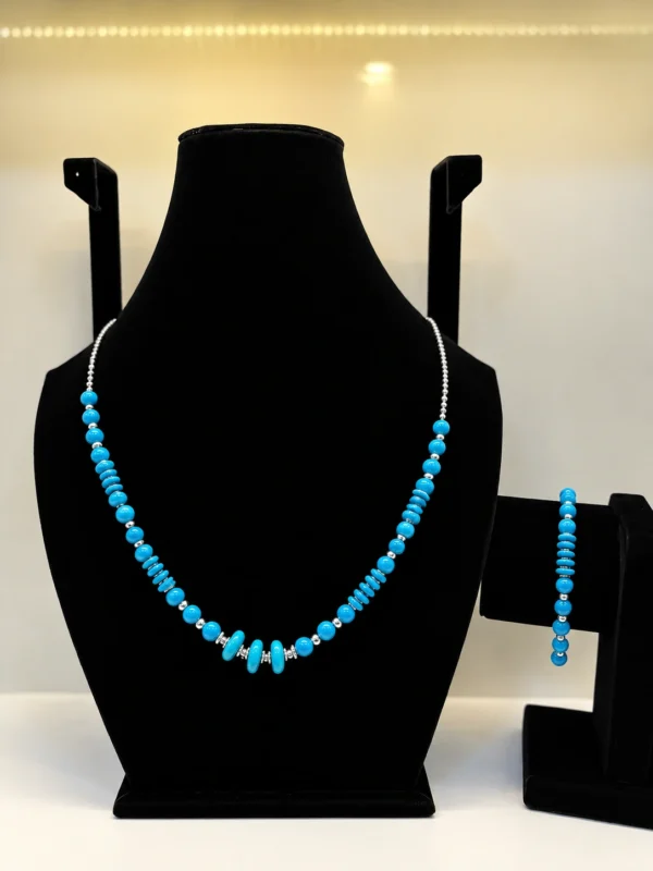 Turquoise Beaded Necklace with Disc Accents & Silver Chain