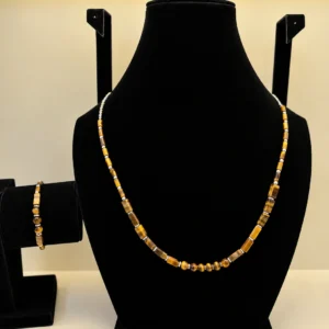 Tiger's Eye Cylinder Necklace with Silver Chain & Charm