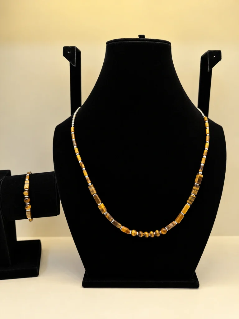 Tiger's Eye Cylinder Necklace with Silver Chain & Charm