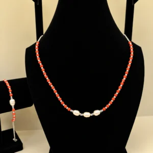 Coral & Pearl Necklace with Silver Chain Detail