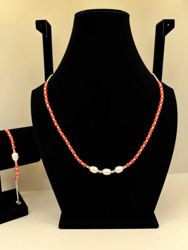 Coral & Pearl Necklace with Silver Chain Detail