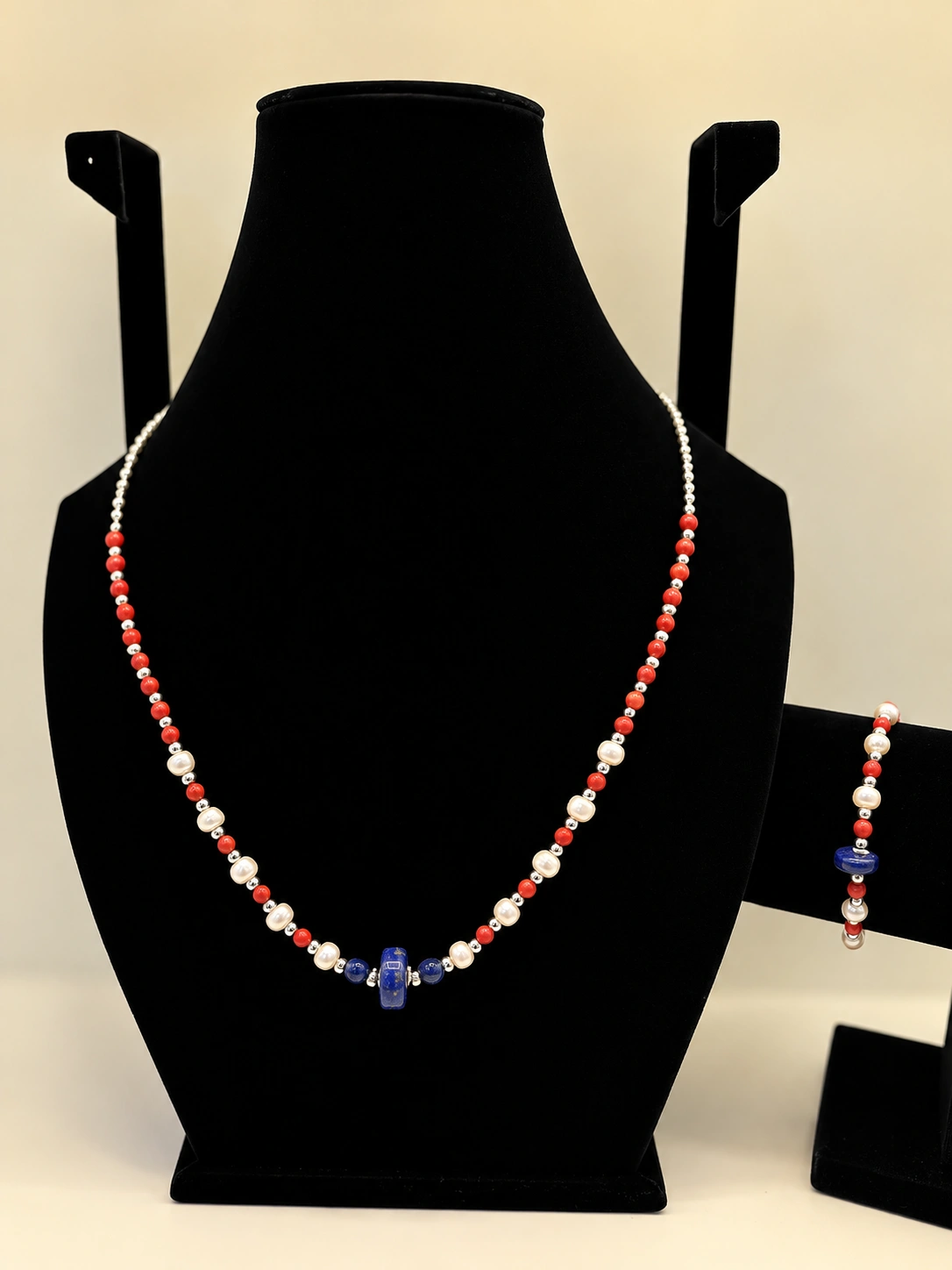 Pearl, Coral & Lapis Necklace with Silver Charm