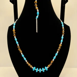 Turquoise & Tiger's Eye Beaded Necklace with Silver Accents