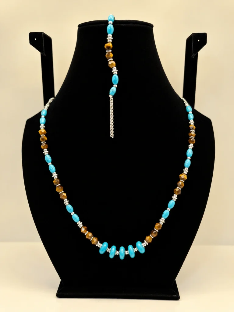 Turquoise & Tiger's Eye Beaded Necklace with Silver Accents