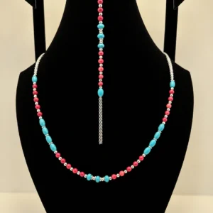 Turquoise & Coral Beaded Necklace with Silver Chain Accent