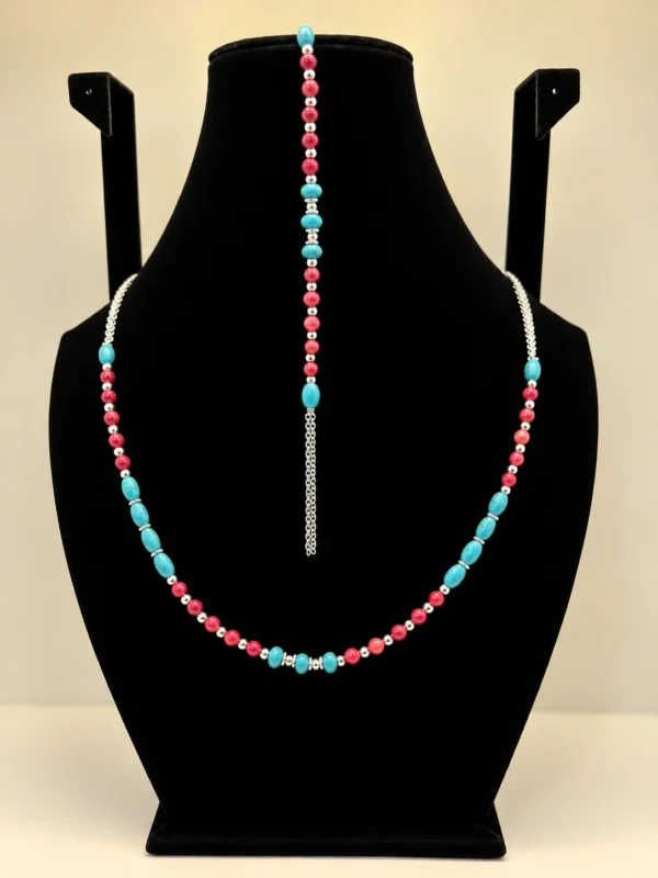 Turquoise & Coral Beaded Necklace with Silver Chain Accent