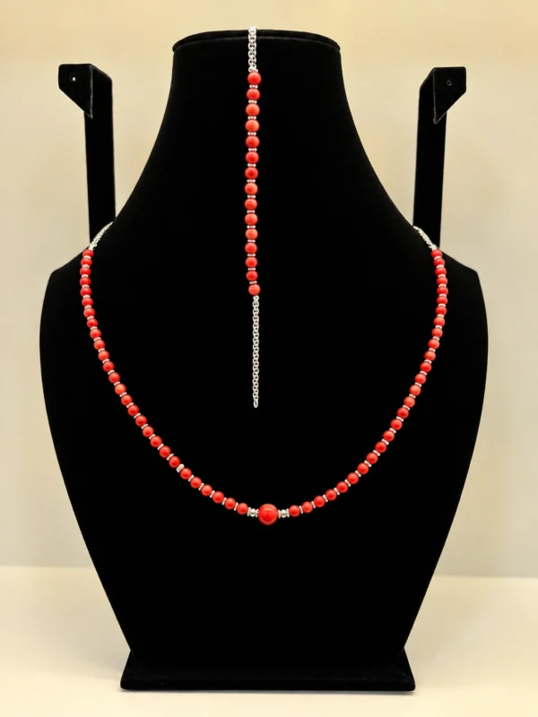 Coral Beaded Necklace with Silver Extension Chain